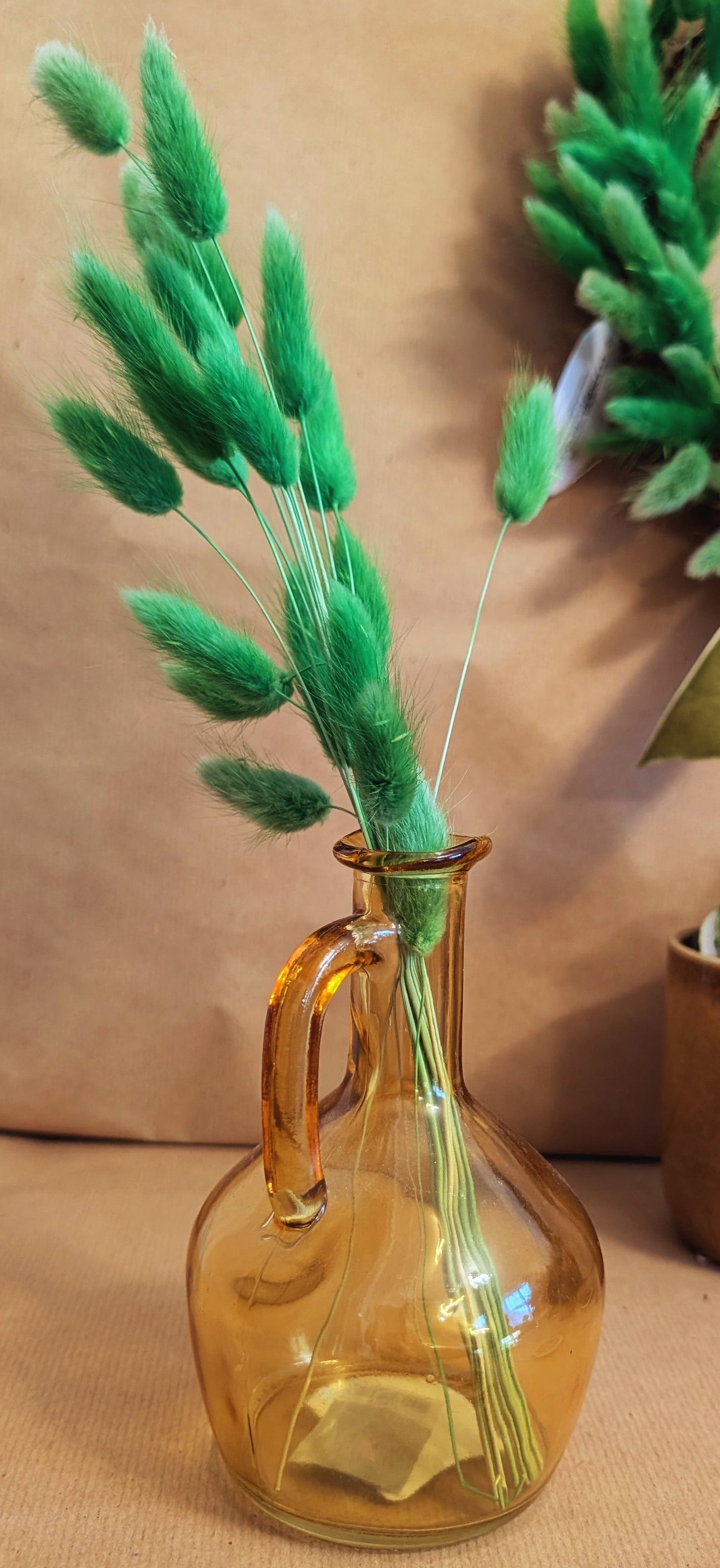 Glass vase with green decorative elements "bunnytail"  dried flowers on a beige surface